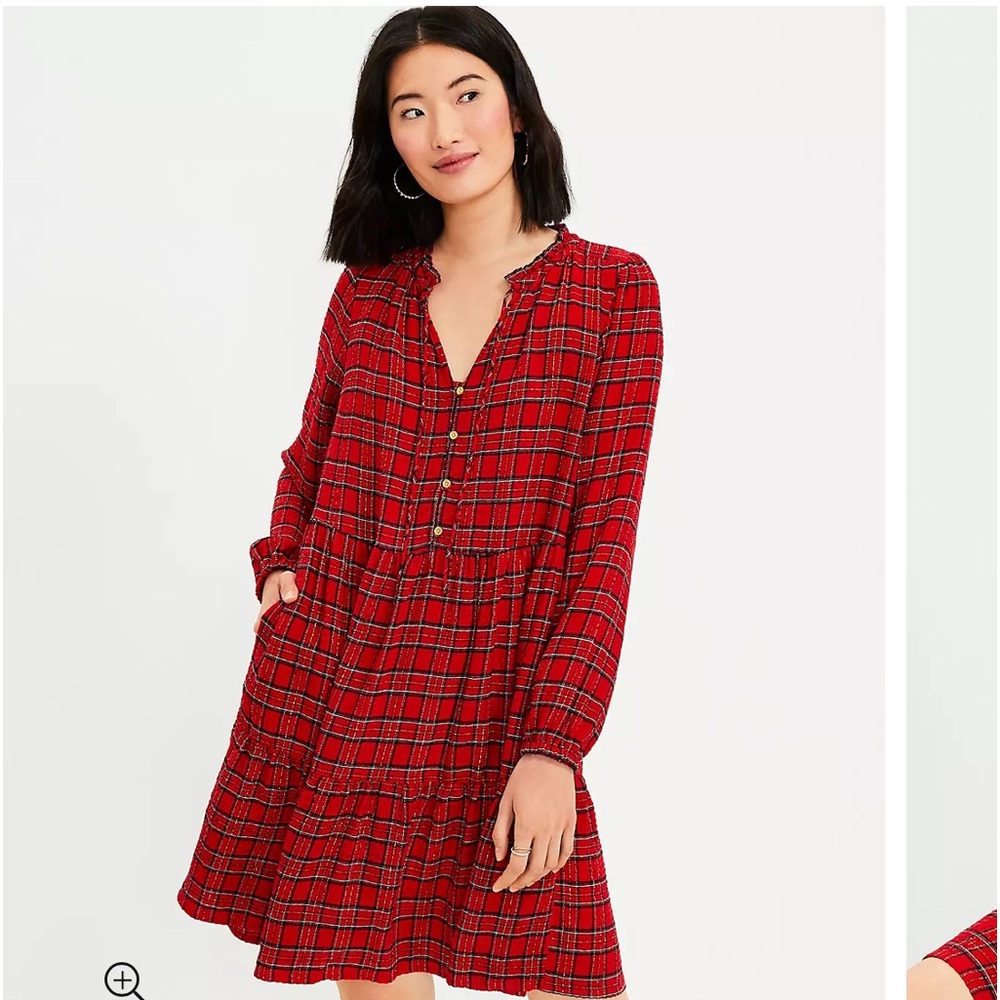Loft brand new Shimmer Plaid Tiered Pocket Dress